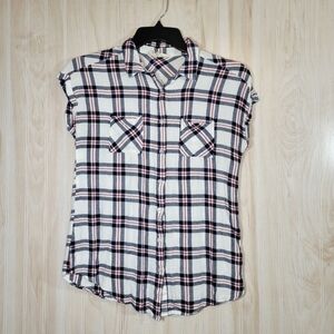 Sweet Wanderer Plaid Button-Down Cap Sleeve Top Sz Med
